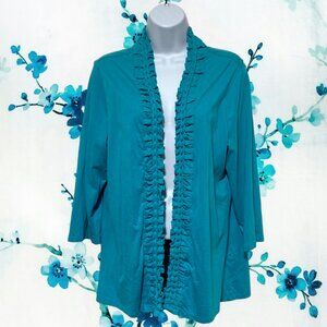 Coldwater Creek-Women's Large Teal Blue Open Cardigan 3/4 Sleeve-Cotton, Modal